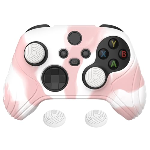 eXtremeRate PlayVital Samurai Edition Anti-Slip Controller Grip Silicone Skin for Xbox Core Controller, Ergonomic Protective Case Cover for Xbox Series S/X Controller w/Thumb Grips - Pink &amp; White