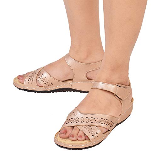 Image of XE Looks Women's Gold Casual Walking Sandals | Elegant Cross Strap with Perforated Detailing | Soft Cushioned Sole | Lightweight & Anti-Slip Design Walking Sandals For Girls & Women
