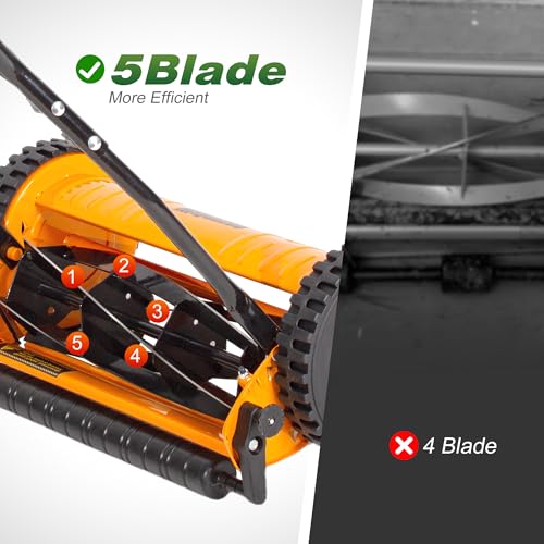 Image of Walensee 16-Inch Manual Lawn Mower, 5-Blade Push Reel, 4 Heights | Precision-Ground Alloy-Steel Blades Make Clean Scissor-Like Cuts, With Quiet Cordless Operation For Small Lawns