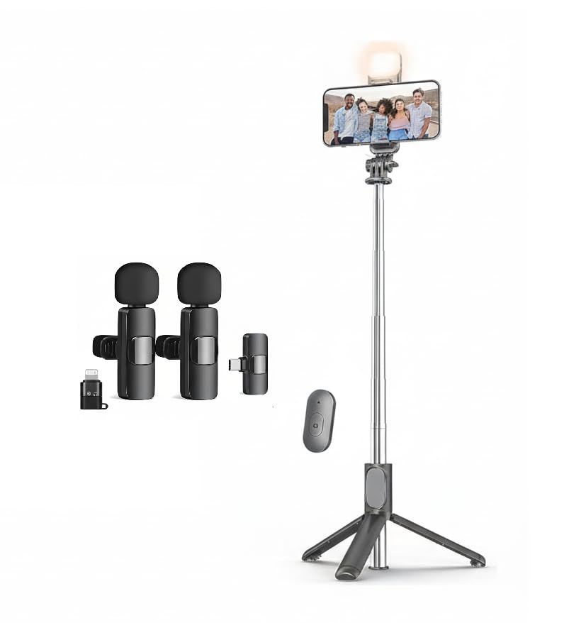 Image of Selfie Stick Tripod Stand 3 in 1 Multifunction Design Rechargeable LED Light Dual Brightness Makeup Photo Shoot K9 Dual Wireless Lavalier Microphone for Vlogs Reels YouTube Interview (K9+R1L)