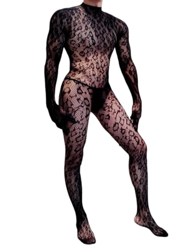 EHSUYAB Rave Outfits For Men Festival Party Clubwear Leopard One Piece Full Lace Jumpsuit Sexy Lingerie Costume Bodysuit One Size Black