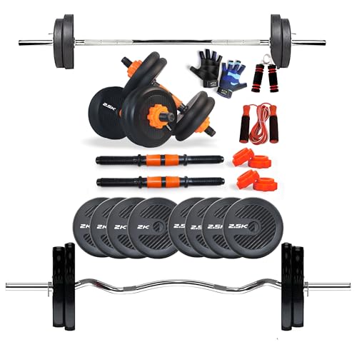 Image of WATSON Premium Home Gym Set for Men & Women, Home Gym Combo with Rubber Weight Plates, 25mm 3Ft Curl bar, 3Ft Straight Bar, Hard PVC Dumbbell Rods, Gripper, Skipping Rope & Gym Gloves (18 KG Combo)