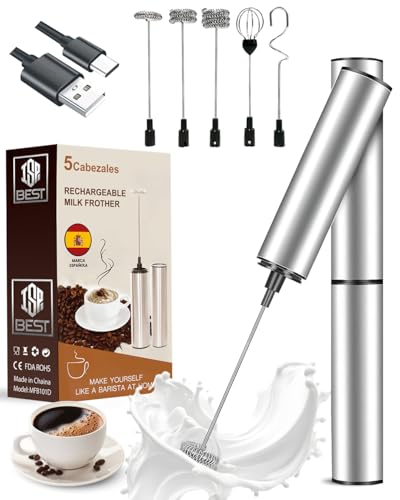 Espumador de Leche Recargable 5 Cabezales Versión 2025 | Batidora de Varillas | Mezclador de Proteinas |...