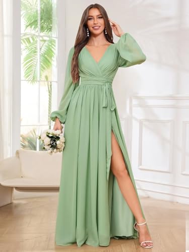 BOLENSYE Women's Long Sleeve Bridesmaid Dresses Chiffon Ruched A Line Formal Evening Party Gown with Slit4