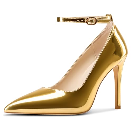 Aachcol Womens Close Pointed Toe Stiletto High Heel Pumps Ankle Strap Wedding Party Dress Shoes 3.9 Inches Heels