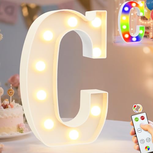 Image of Pooqla LED Light Up Letters, Warm White and Colorful Lighted Marquee Letters with Remote, Lighted Letter for Party Birthday Decorations, Gift for Girls Boys Night Light, Wedding Home Decor, Letter C