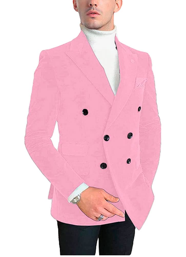 Men's Double Breasted Velvet Blazer Notch Lapel Tuxedos Jacket Wedding Party Coat Casual Wear Pink 44/38