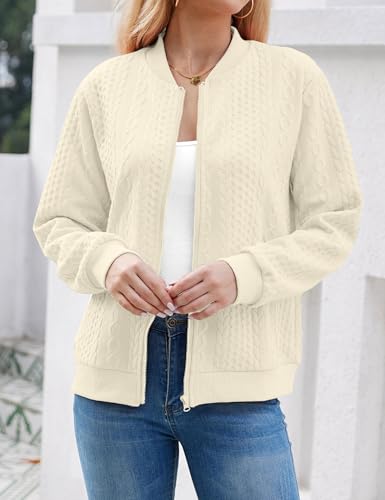 Image of WROLEM Women's Zip Up Cardigan Sweater Cable Hoodies Long Sleeve Jacket Outfits Crewneck Casual Coat