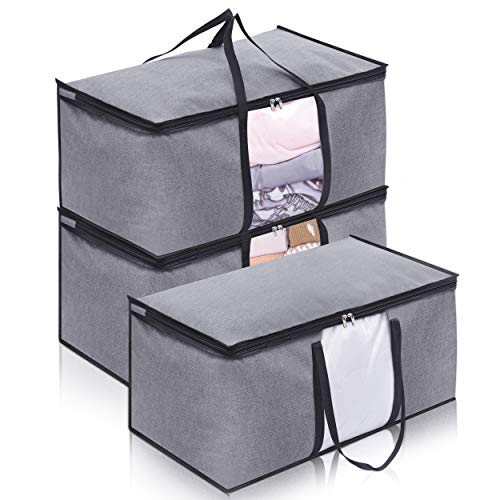AOODA 3 Packs Blanket Bedding Storage Bags Large Capacity Clothes Storage Container with Long Reinforced Handle Moving Bags for Comforter, Pillow, Quilt, Duvet in Closet, Grey