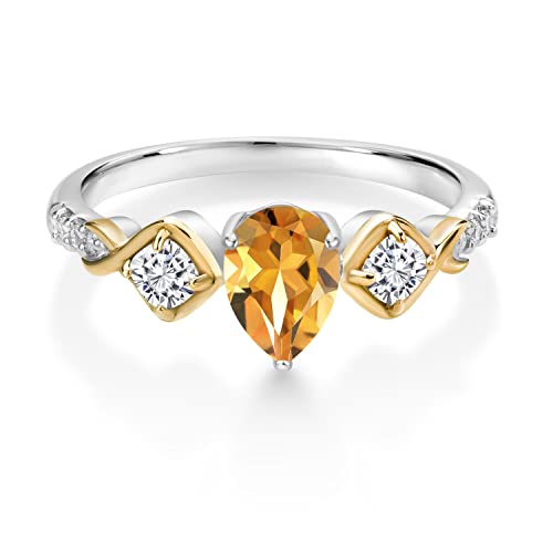 Gem Stone King 1.15 Cttw Yellow Citrine White Moissanite and Lab Grown Diamond Engagement Ring for Women | 925 Silver and 10K Yellow Gold | 7X5MM Pear Shape | Available In Size 5, 6, 7, 8, 92