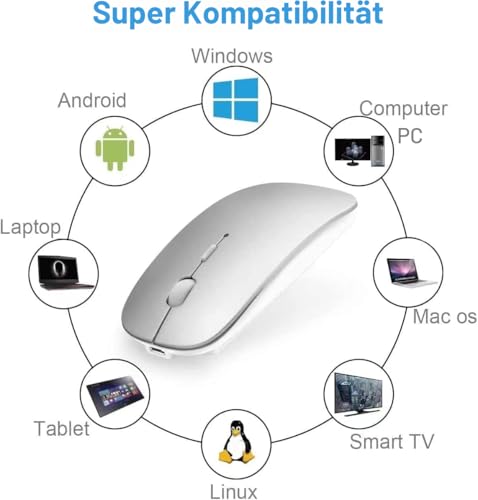 AE WISH ANEWISH Bluetooth Maus with USB-C-Adapter fur Mac/iPad/iPhone/PC/Computer, wiederaufladbar geräuschlos Mini Kabellose Maus für Windows/Linux/Android, 3 DPI Einstellbares Bluetooth 5.0 Silber 6