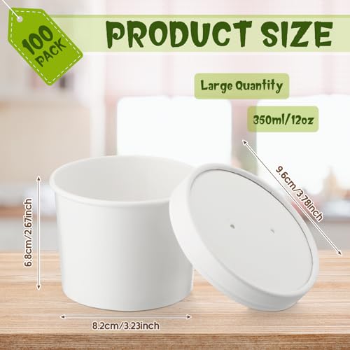 Image of Fulmoon 12 oz 100 Pack Paper Containers with Lids Soup Bowl Cup, White | Disposable Ice Cream Cup, Kraft Food Containers with Vented Lid Stackable for Hot Soup Dessert Cake Fruit Microwave Takeout