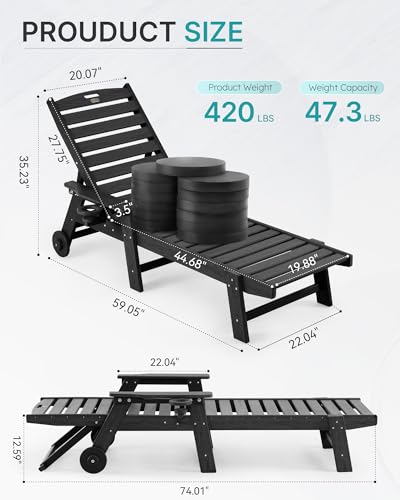 Image of Patio Chaise Lounge Chair Set of 4, Oversize Lounge Chairs with Wood Texture& Rolling Wheels, HDPE 6-Position Plastic Lounge Chairs for Poolside, Patio, Deck, Beach,Black