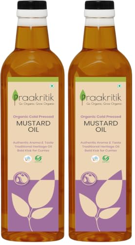 Image of Praakritik Organic Mustard Oil 500ml, Cold-Pressed Sarson Ka Tel, Unrefined & Chemical-Free, 100% Natural Cooking Oil (Pack of 2)