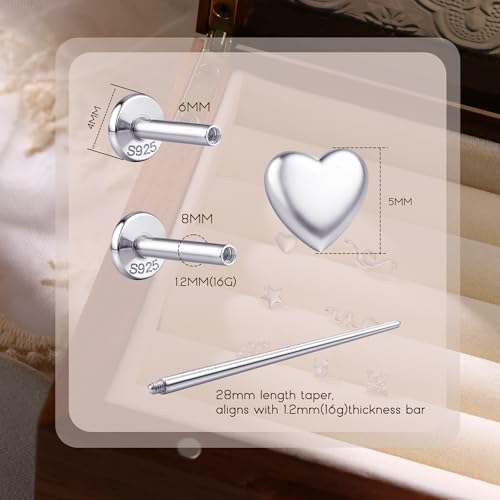 16G/18G Solid 925 Sterling Silver Flat Back Stud Earrings for Women, 6mm and 8mm Post Lengths, Tragus Conch Helix Piercing Jewelry Heart Snake Star CZ Gold Silver Nose Piercings2