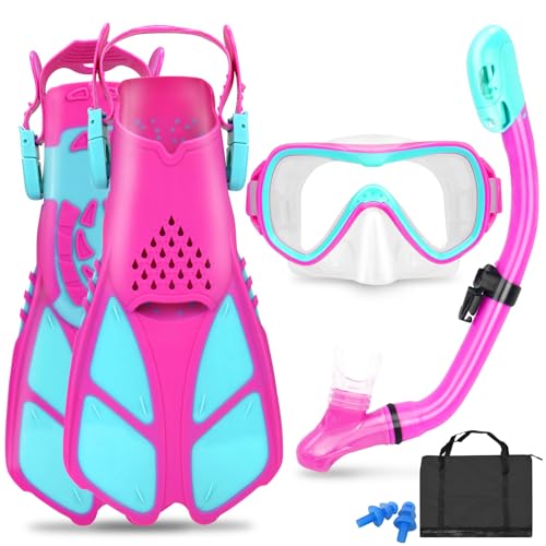 Set de snorkel para niños con máscara panorámica, snorkel seco, aletas ajustables, bolsa de malla y tapones para los oídos para edades 6-14