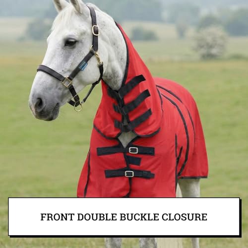 Image of Horse Fly Sheet with Attached Neck Cover & Tail Flap | UV Protection Mesh Horse Blanket, Full Body Bug & Sun Shield, Buckles, Belly Wrap & Gussets for Spring Summer Riding Rug (Red, 68 inch)