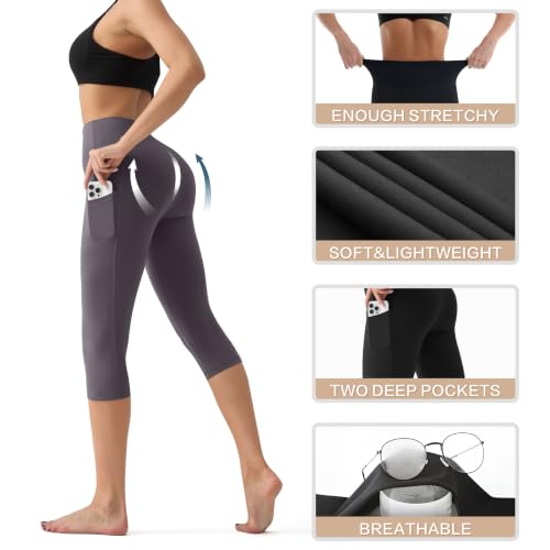 Image of YUDSUD High Waisted Leggings for Women with Pockets - Tummy Control Capris Yoga Pants for Workout Running Athletic Cycling