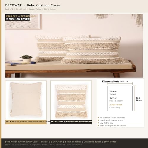 Image of Boho Cushion Covers 16x16 Inch Pack of 2 | Handcrafted Woven Tufted Cotton Throw Pillow Covers | Bohemian Decorative Sofa Cushion Cover Both Sides Fabric | Beige Cream Textured Pillow Covers