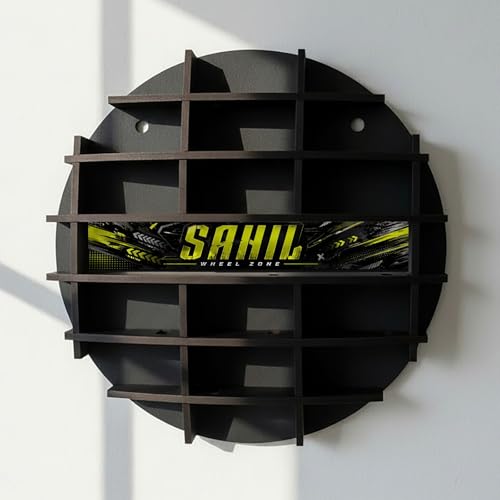 Image of Diecast Car Display Shelf with Custom Name Print | 14-16 Slot Wall Mounted MDF Wooden Rack for 1:64 Scale Cars | Circular Toy Car Organizer & Kids Room Garage Decor