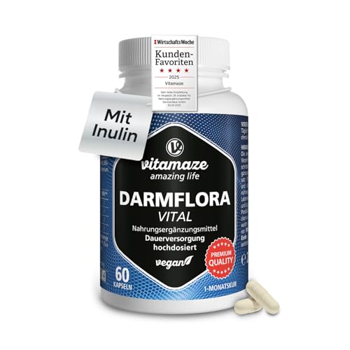 Darmflora Vital Kapseln hochdosiert magensaftresistent, 60 vegane Kapseln Probiotika für 1 Monat Darmkur mit 12 aktiven Darm-Bakterien-Kulturen + Inulin, 16,2 Mrd. KBE pro Tag, Made in Germany