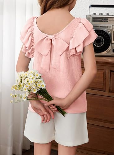 Image of DOKOTOO KIDS Girls Shirts Summer Cute Double Ruffle Short Sleeve Tie Back Bow Tee Tops 6-15 Years