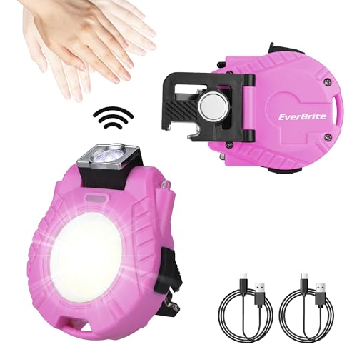 EverBrite 2 Pack COB Keychain Work Light, Mini Rechargeable Magnetic Keychain Light, Sensor Mode, Multifunctional Small Keychain Flashlights, Portable, Waterproof, for Camping, Hiking, 6 Modes, Pink