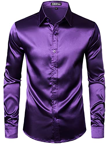 Image of ZEROYAA Men's Luxury Printed Silk Like Satin Button Down Dress Shirt for Party Prom