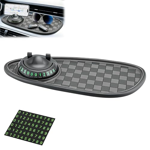 Mobile Phone Bracket Anti-Slip Mat Universal Fit Anti-Slip Mat Multifunction Car Dashboard Mat with Temporary Parking Number 360 Rotating Adjustable Phone Holder (Black-Gray)