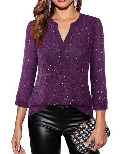 Timeson Christmas Tops for Women 2025: 3/4 Length Sleeve Dressy Casual - Sparkly Tops - Fall Blouses for Women Plus Size Glitter Shirts New Year Eve Peasant Pretty Tunnic Fashion Work Attire Purple XL