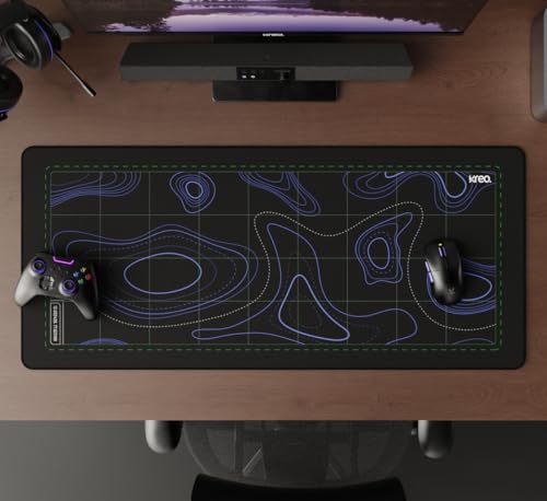 Image of Kreo Terra XXL Deskmat Premium Glass - Smooth Surface, 4mm Cushioned Base, Anti-Fray Stitched Edges - 900x400mm Large Desk Pad for Gaming & Work (Topographic)