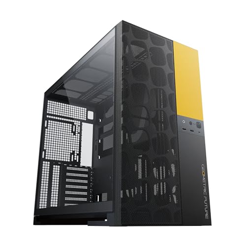 Geometric Future M5 Vent Mesh Front Panel Tempered Glass Mid Tower, E-ATX/ATX Gaming Case, High Airflow, 1.2mm Steel, Type C, Support 420/360 Radiator, Dual-Chamber, Black/Yellow, GEO-M5V-BY