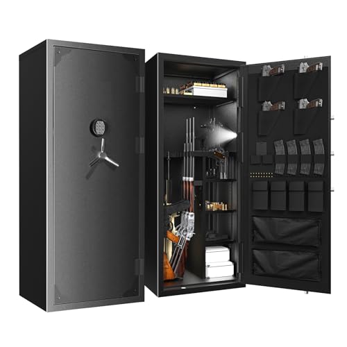 Large Rifle Safe, 20-30 Gun Safe for Rifle and Shotgun/Rifle Pistol Rack/Storage Pocket/Removable Shelf/Silent Mode/External Battery/LED/Key,180° Open Door Panel Organizer Long Gun Safe Unassembled