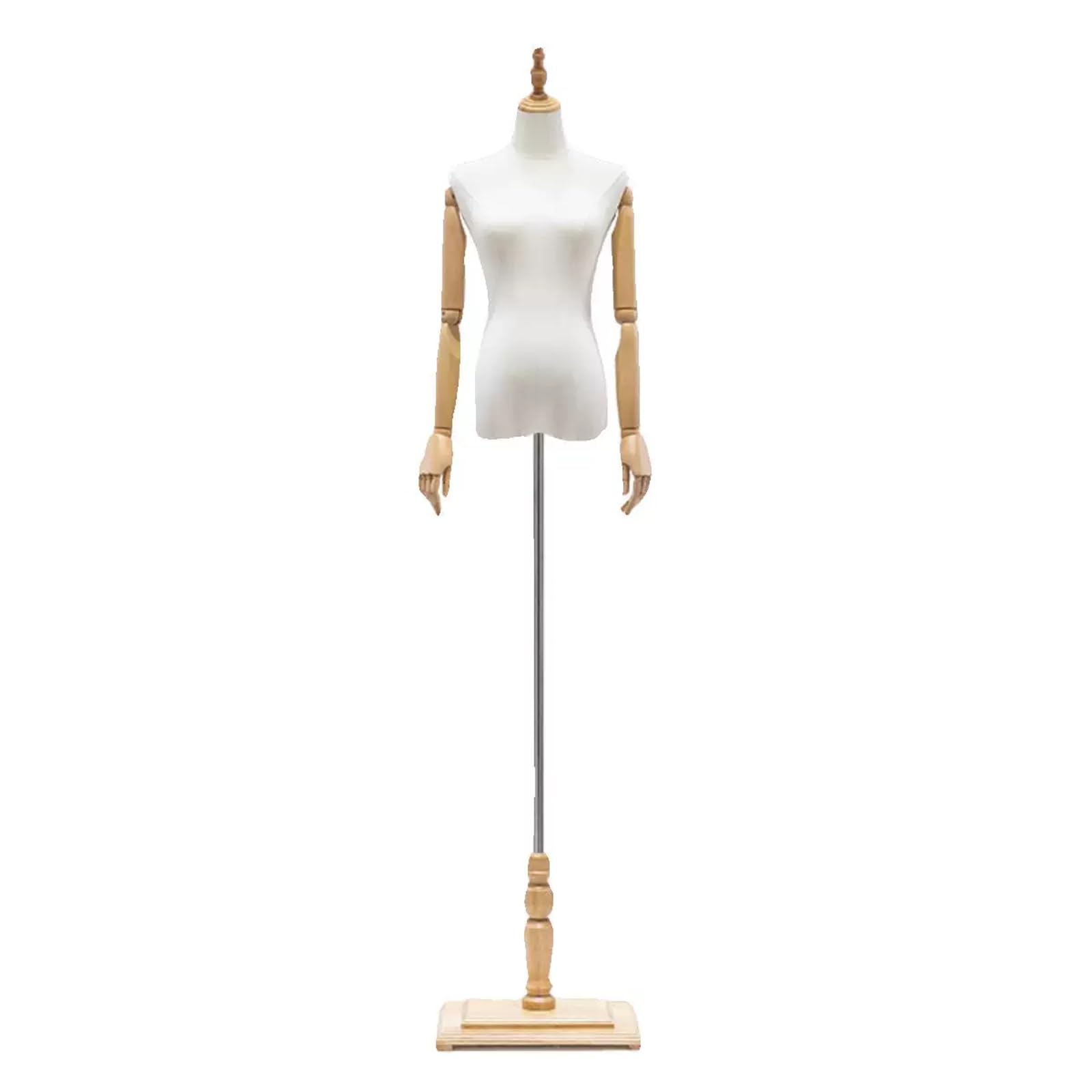 Mannequin Torso with Wooden Articulated Arms and Adjustable Height Stand, for Clothing Display, Boutique, Photography