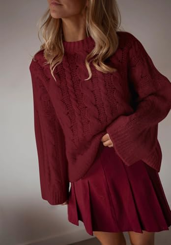 Women's Cable Knit Sweater Pullovers Crewneck Long Sleeve Oversized Y2k Vintage Fall Winter Cozy Chunky Sweaters2