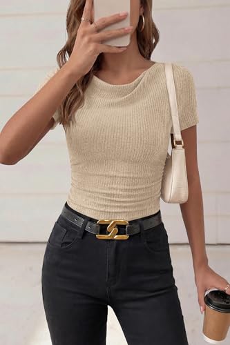 PRETTYGARDEN Womens Summer Tops 2026 Cute Cowl Neck Short Sleeve T-Shirts Ribbed Knit Fitted Spring Ruched Crop Top - image 7