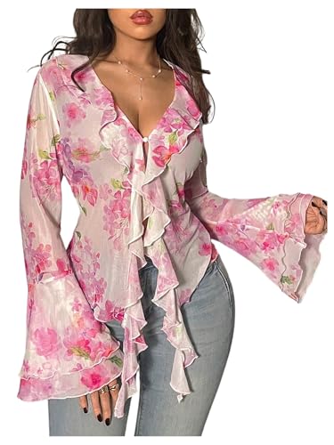 Floerns Women's Floral Bell Sleeve Tops Lettuce Trim Ruffle Tie Front Mesh Tops