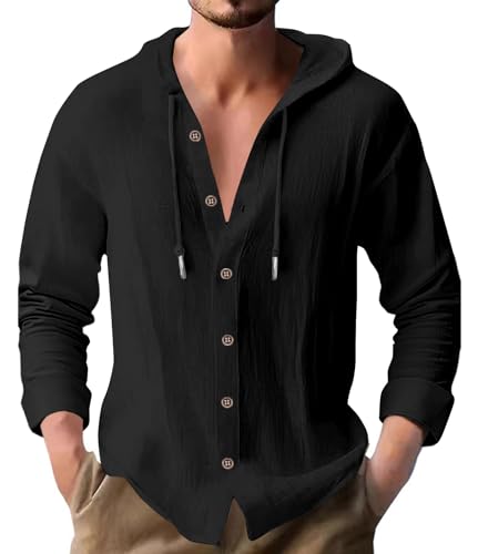 PRIVIMIX Chemise Homme Manche Longue Chemises à Capuche Lin Coton Hoodie Tee Shirt Noir M