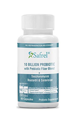 Safrel Probiotics 10 Billion CFU with Organic Prebiotics Fiber Blend | For Adults, Women and Men | Natural Shelf Stable Probiotic Supplement | Acidophilus Probiotic & Saccharomyces Yeast | 60 Capsules