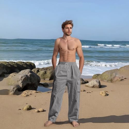 Linen Pants Men Drawstring Waist Mencomfy Cargo Pants Relaxed Fit Beach Vacation Yoga Lounge Pants with Pockets2