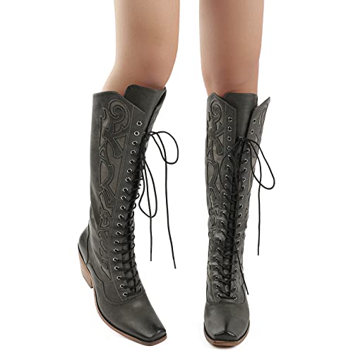 So Simpok Womens Retro Cowboy Boots Lace Up Mid Calf Boots Chunky Heel Snip Toe Riding Cowgirl Western Boots #TOP3