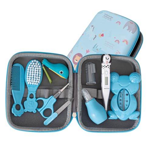 PLIC CARE - Trousse de Soin Bébé Bleue – Dès la Naissance – 9 Essentiels de Soin – Thermomètre Rectal, Thermomètre de Bain, Peigne, Brosse, Lime,...