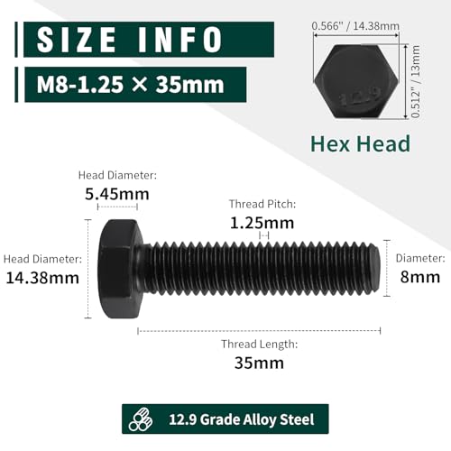 Image of M8-1.25 x 35mm Hex Bolts, 12.9 Grade Alloy Steel, Black Oxide Finish, Full Thread, Coarse Thread UNC, Hexagon Head Bolts 15 PCS