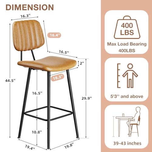 Image of Raynesys 29-Inch Leather Bar Stools Set of 3 with High Backrest, Brown