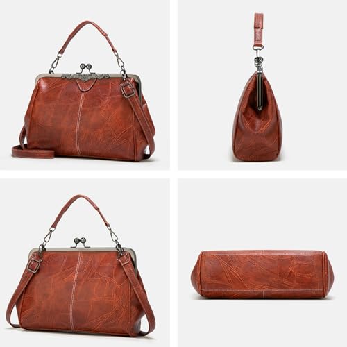 Women Vintage Crossbody Bag Top Handle Kiss Lock Handbag Retro Daily Purse PU Leather Tote Women Satchel Messenger Bag3