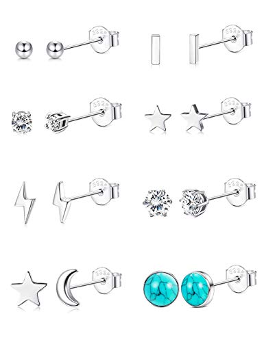 Milacolato 8 Pairs 925 Sterling Silver Stud Earrings Set for Women 14K Gold Plated Moon Star Turquoise Lightning Bolt Stud Earrings Cartilage Tragus Earrings