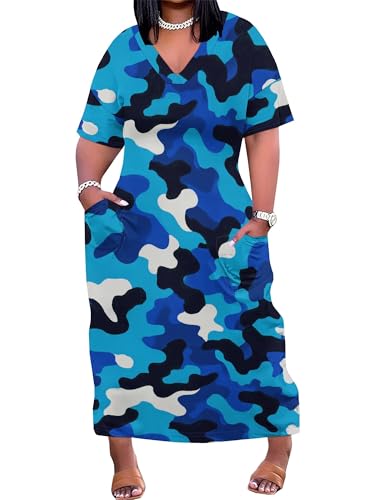 Image of Plus Size Maxi Dress for Women Short Sleeve V Neck Casual Loose Sundress with Pockets
