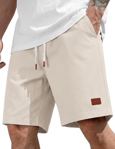 COOFANDY Mens Cotton Chino Shorts 9 Inch Casual Shorts Elastic Waist Drawstring Summer Beach Shorts with Pockets Light Khaki
