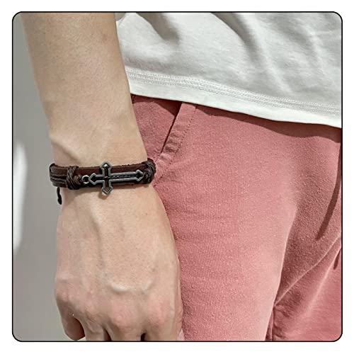 Image of Fashion Cross Tag Bangle Adjustable Leather Cuff Wristband Drawstring Rope Bracelet