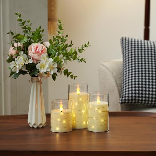 Image of Amagic LED Flameless Candles, Battery Operated Candles with Embedded Fairy Lights, Acrylic Fake Candles with Remote and Timer for Wedding Home Decor, Ivory White, Set of 3, D3 x H4 5 inch 6 inch